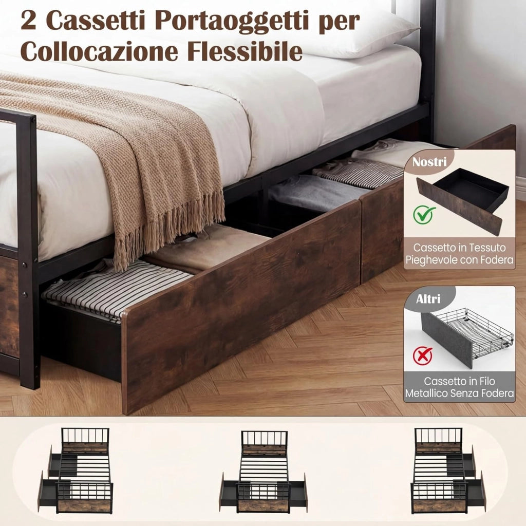 Letto Singolo 90x200 cm, Struttura Letto a Piattaforma Industriale con Testiera Pediera e 2 Cassetti, Doghe in Metallo, Silenzioso