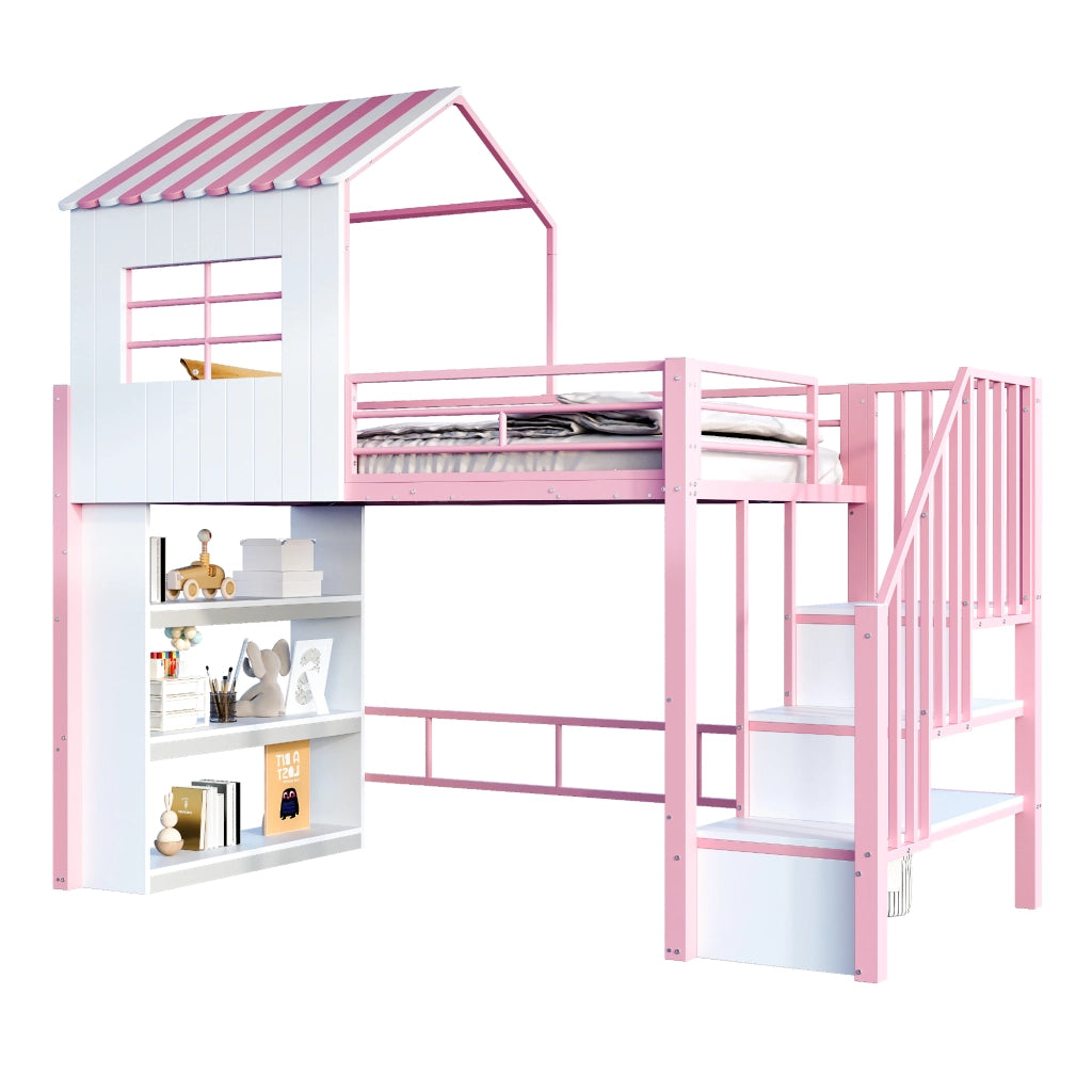 Letto in ferro 90×200 cm rosa design della casa corrimano alto mensole scala montabile su entrambi i lati