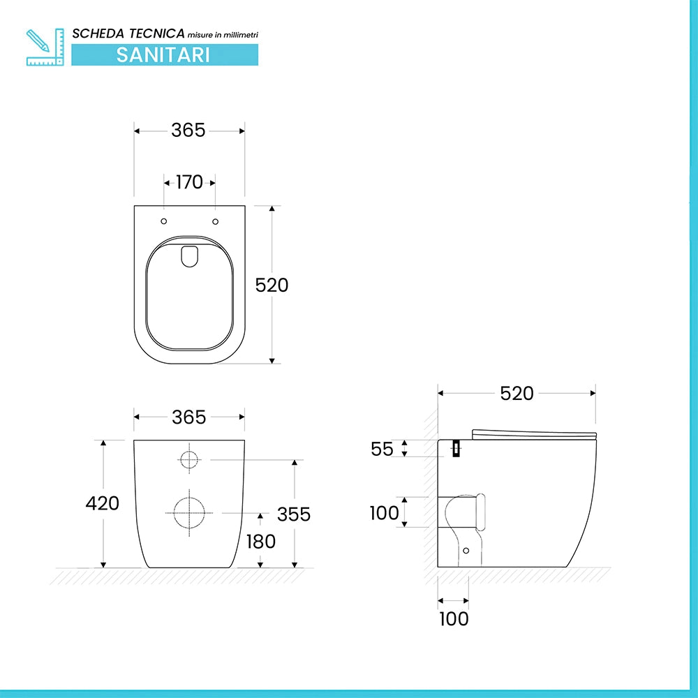 Sanitari Filomuro in ceramica bianco design quadrato con copriwc e scarico rimless Kayra