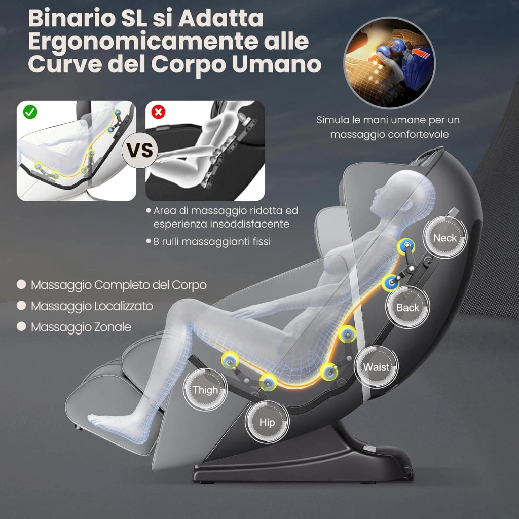 Poltrona Massaggiante, Sedia da Massaggio con 12 Modalità, 6 Tecniche di Massaggio, Stretch Thailandese e Guida SL, Poltrona Relax con Telecomando per Tutto il Corpo (Grigio)