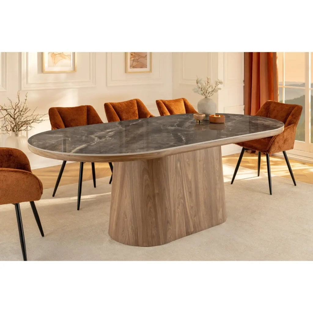 Tavolo da pranzo LUMEA – Ovale 200 cm – Effetto marmo grigio – Piede largo – Stile contemporaneo