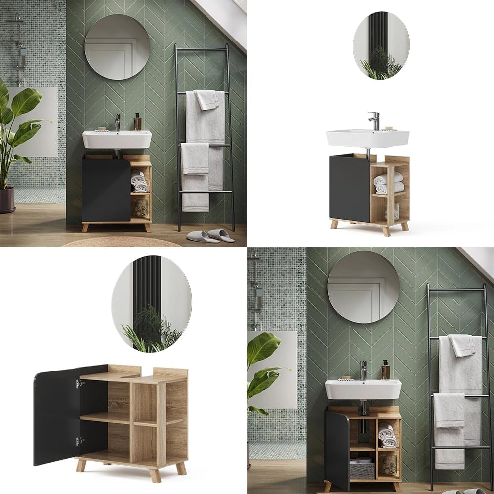 Set di mobili da bagno Karen, Sonoma/antracite, 60 cm, composto da specchio da bagno e mobile sottolavabo