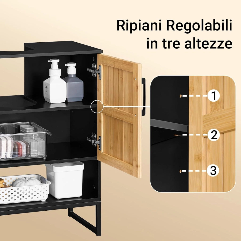 Mobile Sottolavabo Bagno 60 cm Mobiletto Salvaspazio con Ante in Bambù e Piedini in Metallo Armadietto Moderno Sotto Lavabo per Bagno Piccolo BZR202-SCH