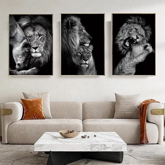 Poster di Animali Zootopico in Bianco e Nero su Tela per Foto - Stampato d'Arte di Leone per Sala da Pranzo e Camera da Letto - Set di 3 - Dimensioni B 40x60cm