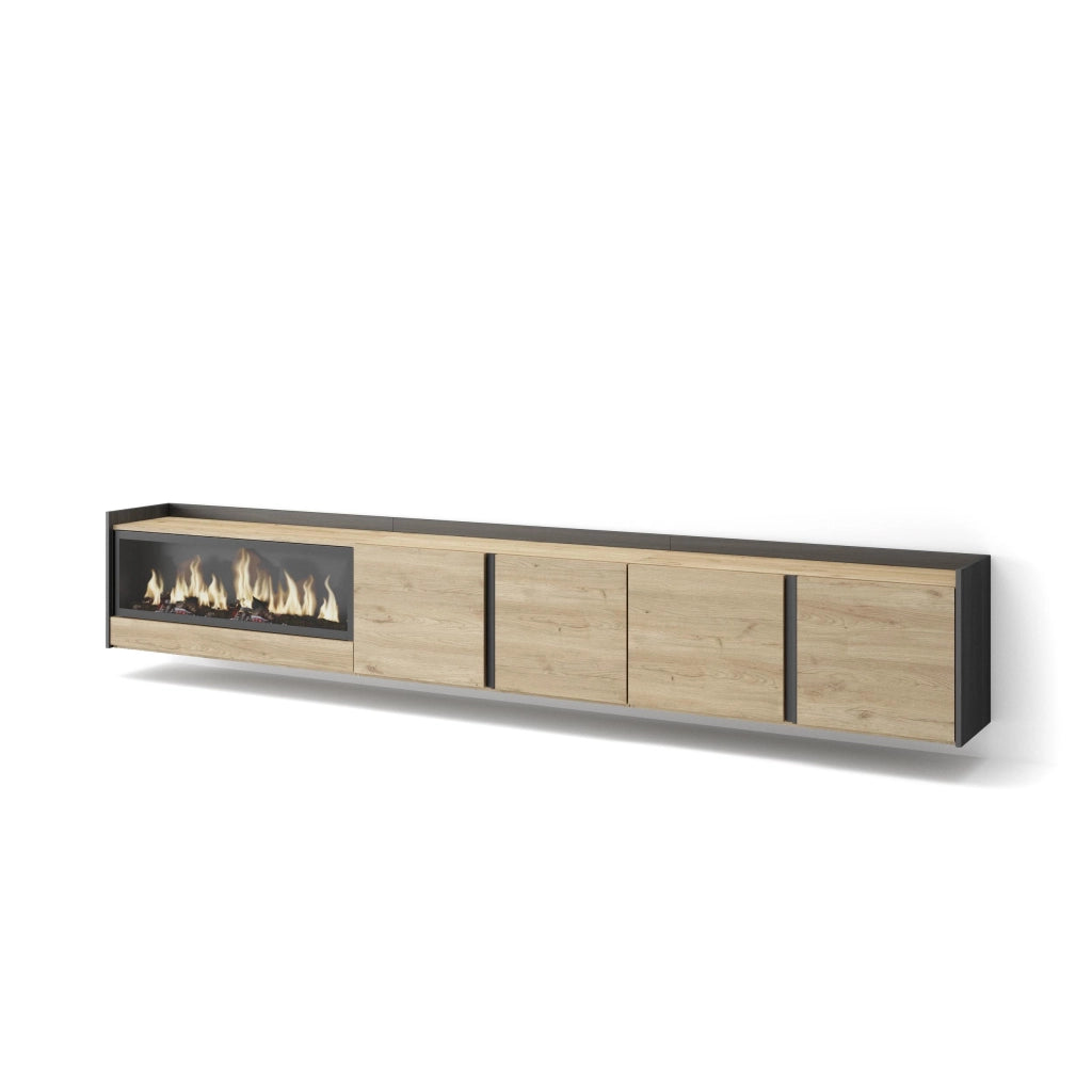 Mobile TV Soggiorno, 315x50x35 cm, Per TV fino a 80", Camino elettrico XXL, Sospeso, da appendere, Rovere e nero