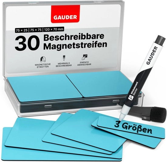 Etichette magnetiche descrittrici - piastre magnetiche riutilizzabili per lavagne, lavagne scolastiche, lavagne Kanban e frigoriferi - schede magnetiche con pennarelli (30 pezzi - 3 misure)