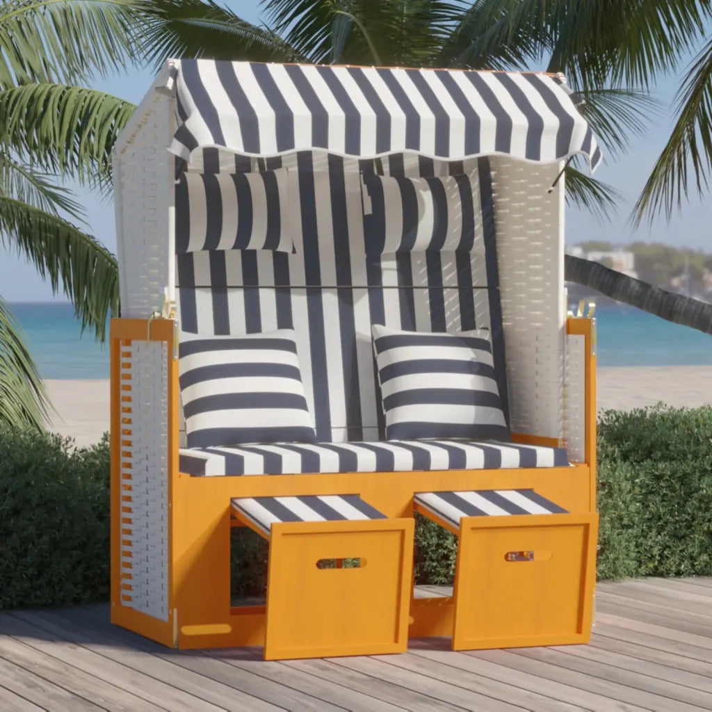 Strandkorb con Cuscini Polyrattan e Legno Massello Bianco e Blu