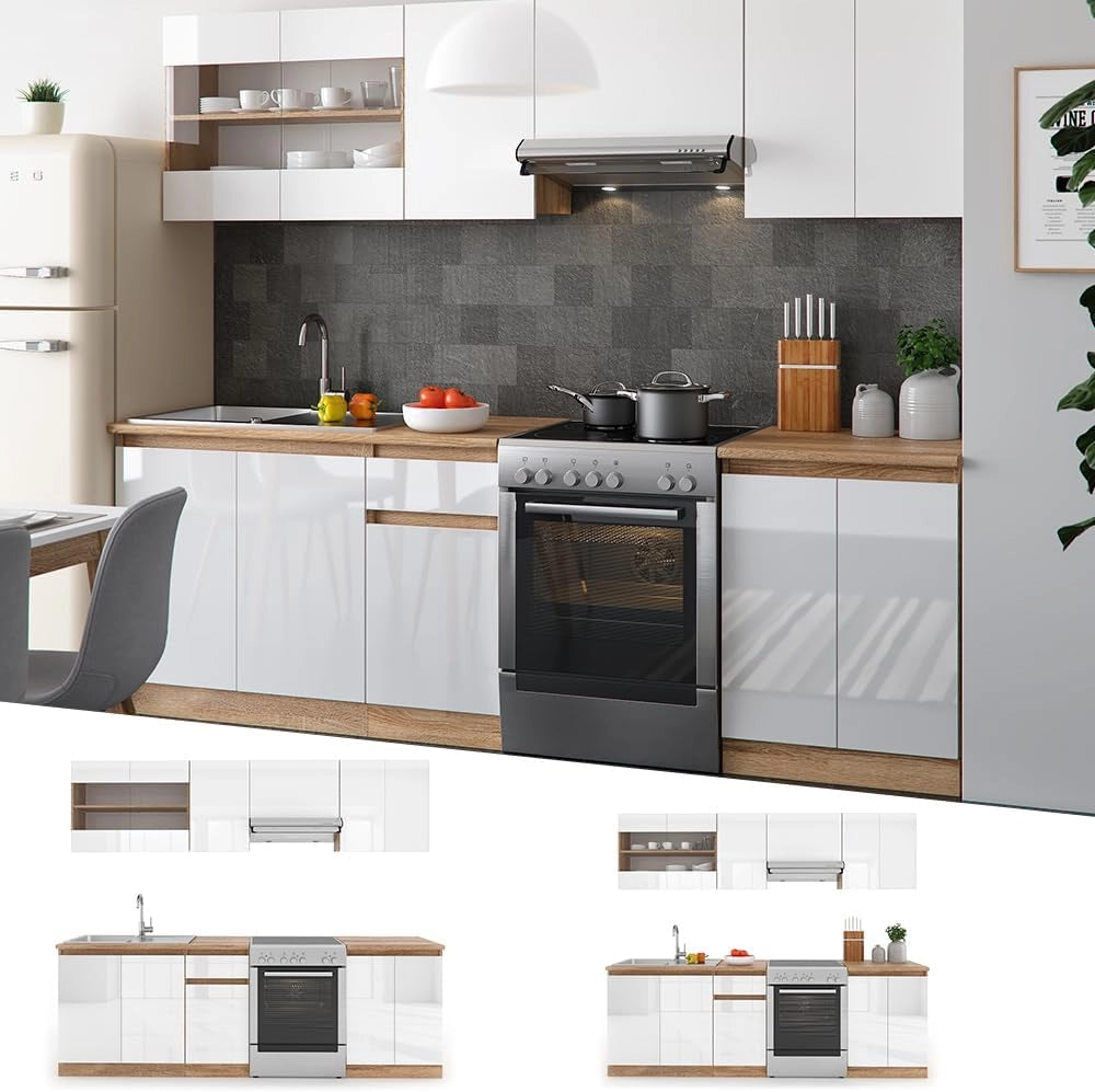 Cucina componibile Raul, Bianco lucido/bianco, 240 cm, PL Sonoma, con moduli posizionabili variabilmente e piedini regolabili in altezza