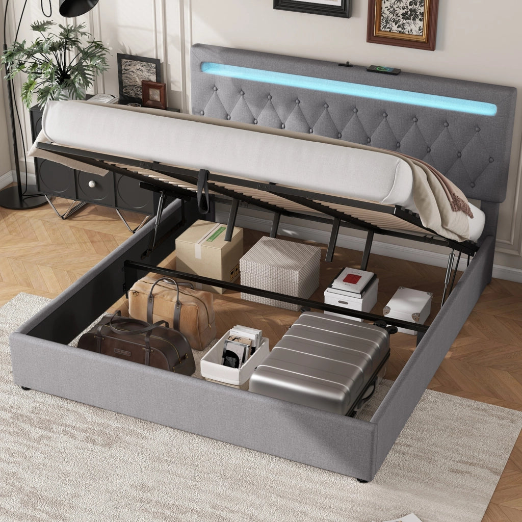 Letto imbottito 180x200 cm con contenitore; sollevamento idraulico; LED e USB; grigio
