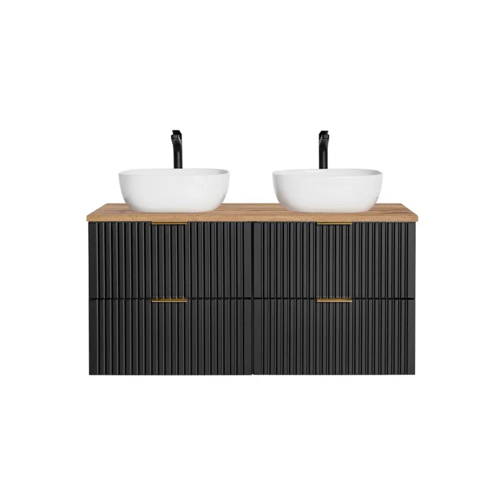 Insieme mobile sotto lavabo NOXERA 120 cm – Nero opaco e rovere – 2 mobili + piano per lavabo + 2 lavabi