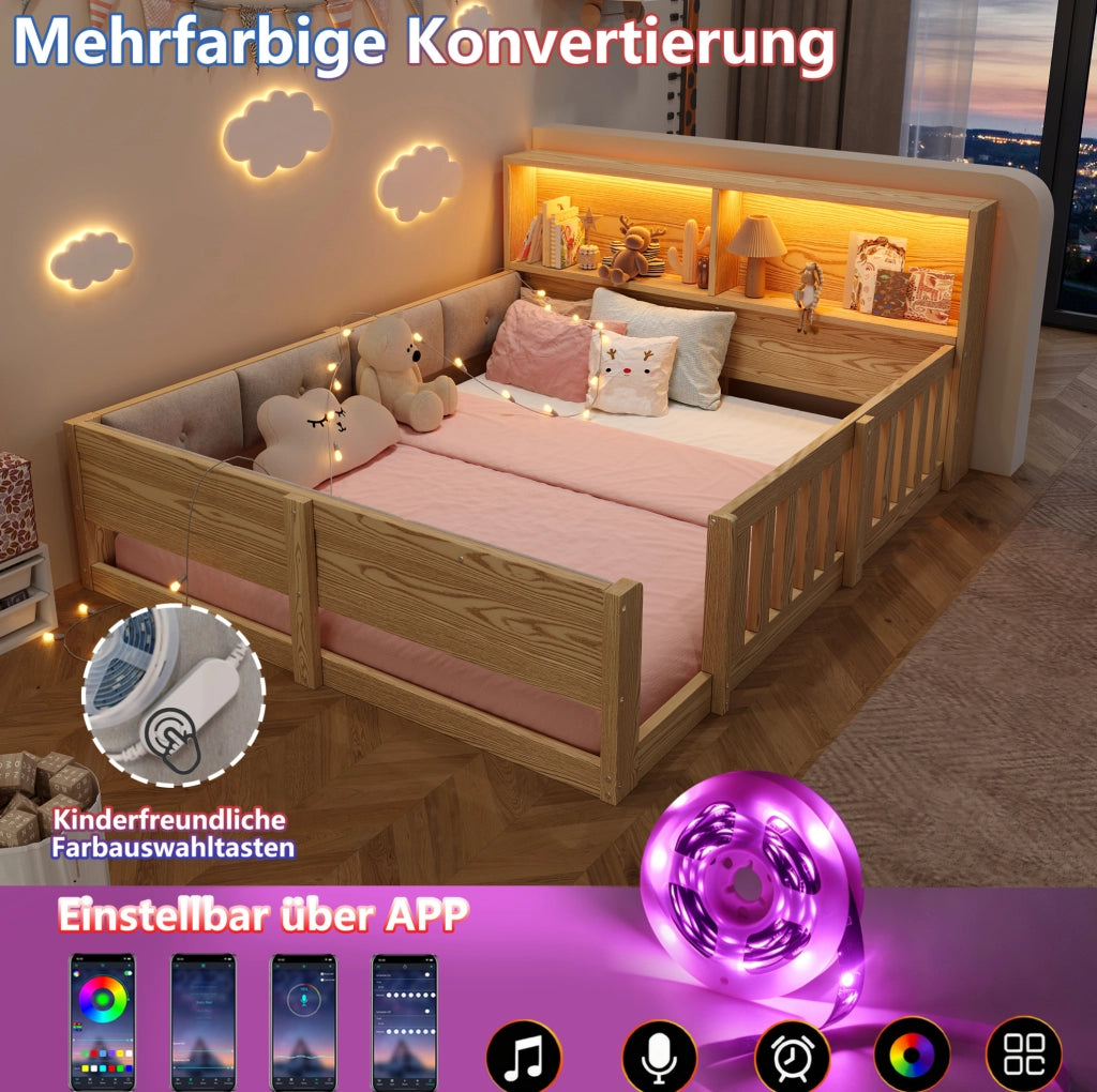 Letto per bambini 140x200 cm con sponde; testiera con contenitore e LED; naturale