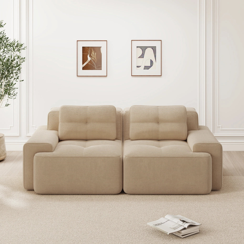Divano modulare boneless in corduroy beige; seduta profonda 74 cm