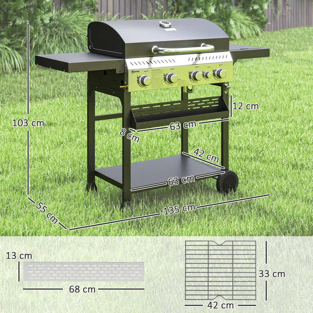Barbecue a Gas 4 Bruciatori ¨C Xylo ¨C Nero, con Piastra, 135x55x103 cm