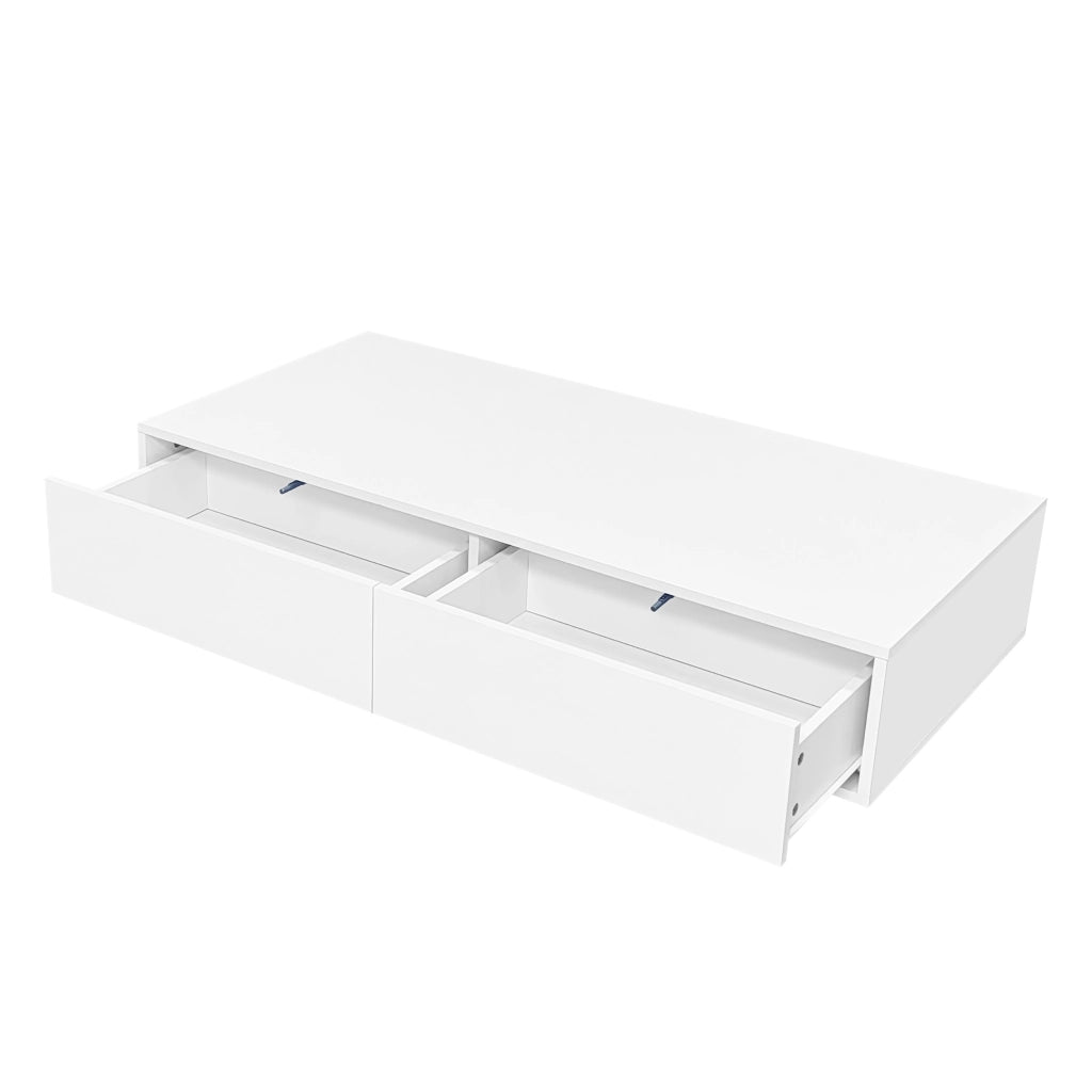 Tavolino da caffè 115x55x34 cm; LED integrata e 2 cassetti; finitura lucida; truciolare bianco