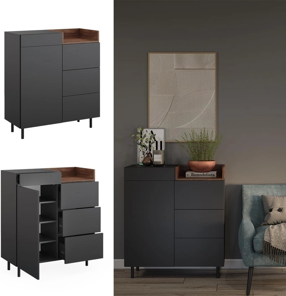 Cassettiera per camera da letto Anika, Antracite, 40 x 100 cm, per l'utilizzo come tavolino laterale con vano portaoggetti aperto