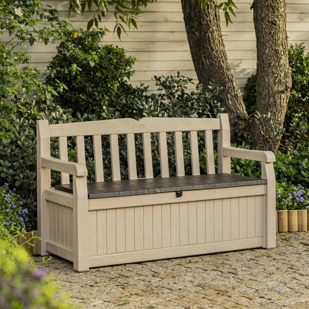 Cassapanca outdoor Chestermere, Baule da giardino, Contenitore da esterno, Panchina contenitore da esterno, 140x60 h84 cm, Beige e Marrone