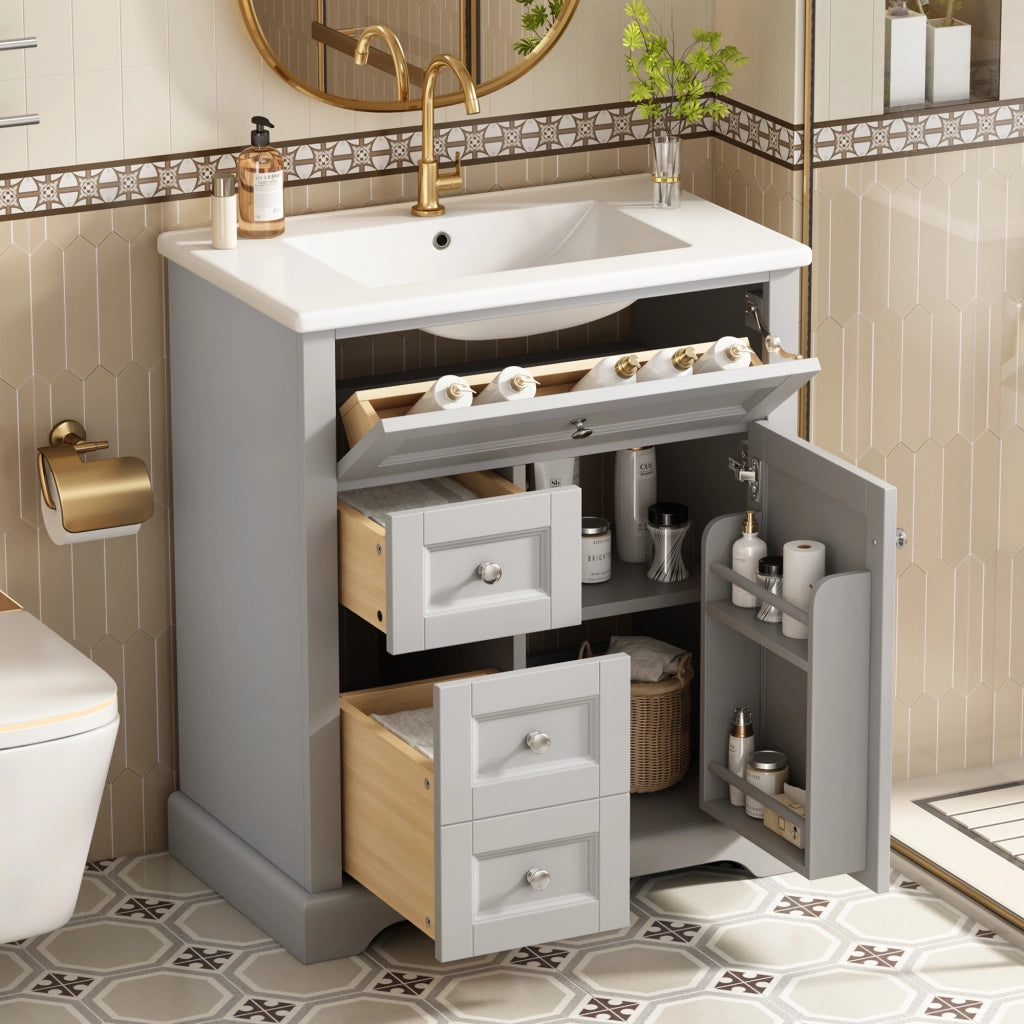 Mobile sottolavabo con lavabo in ceramica, 1 anta, 3 cassetti e ripiani, per bagno, grigio, 76 × 46 × 87 cm