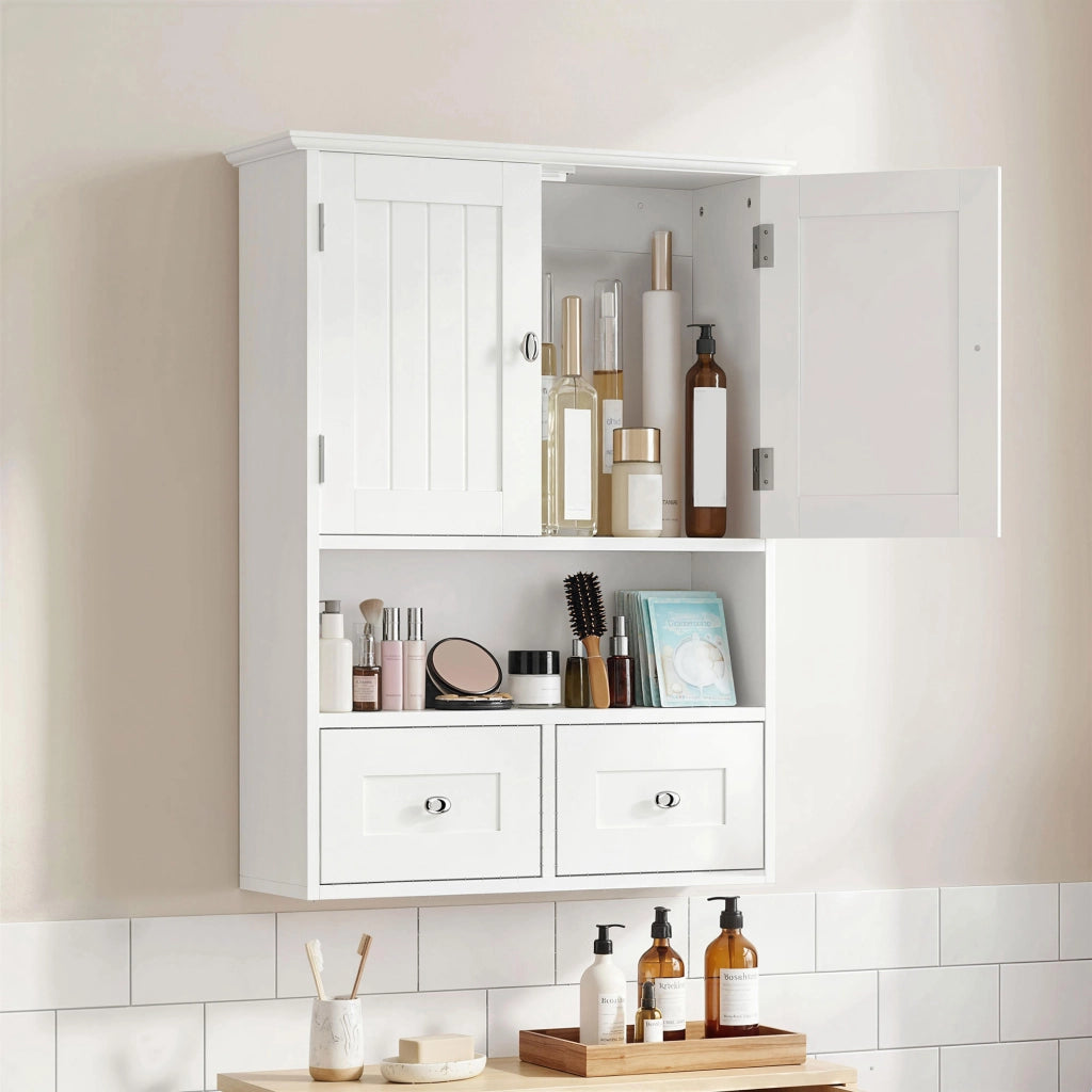 Armadietto Bagno Pensile 2 Ante con Ripiano e 2 Cassetti ¨C zephmum ¨C Legno Bianco