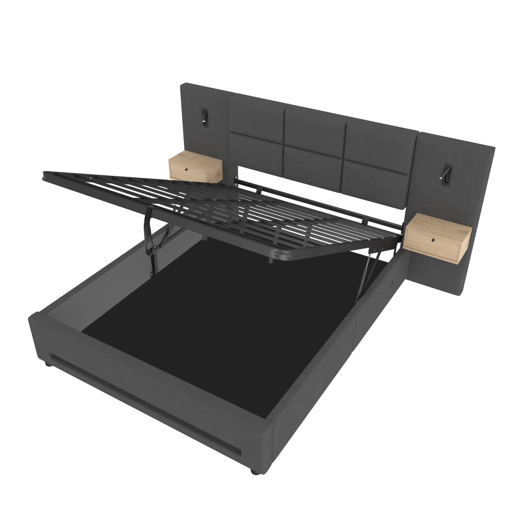 Letto matrimoniale 160x200 cm in velluto grigio scuro con testiera contenitore, LED, USB-C e vano salvaspazio
