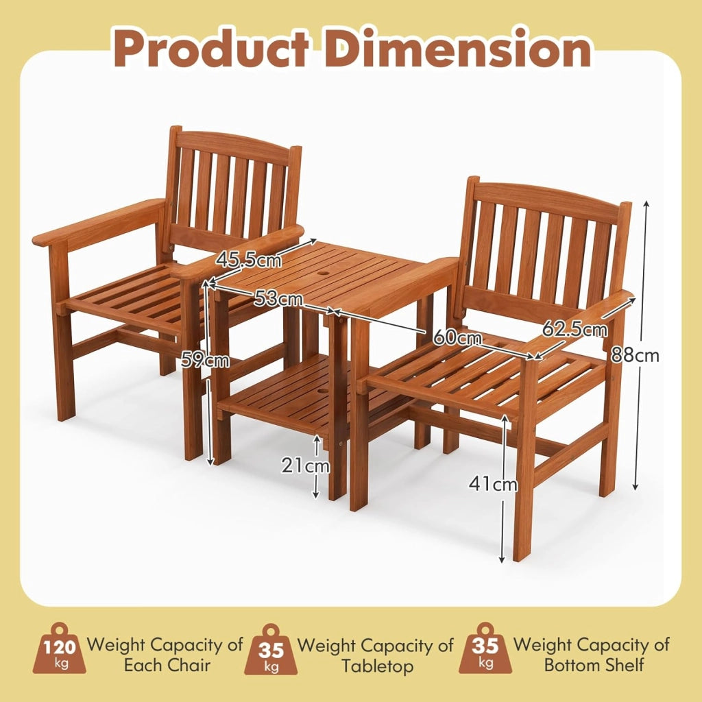 Set di mobili da 3 pezzi, in legno, set di 2 sedie e tavolo con foro per ombrelloni, set di conversazione con schienale e braccioli per patio, terreza, balcone