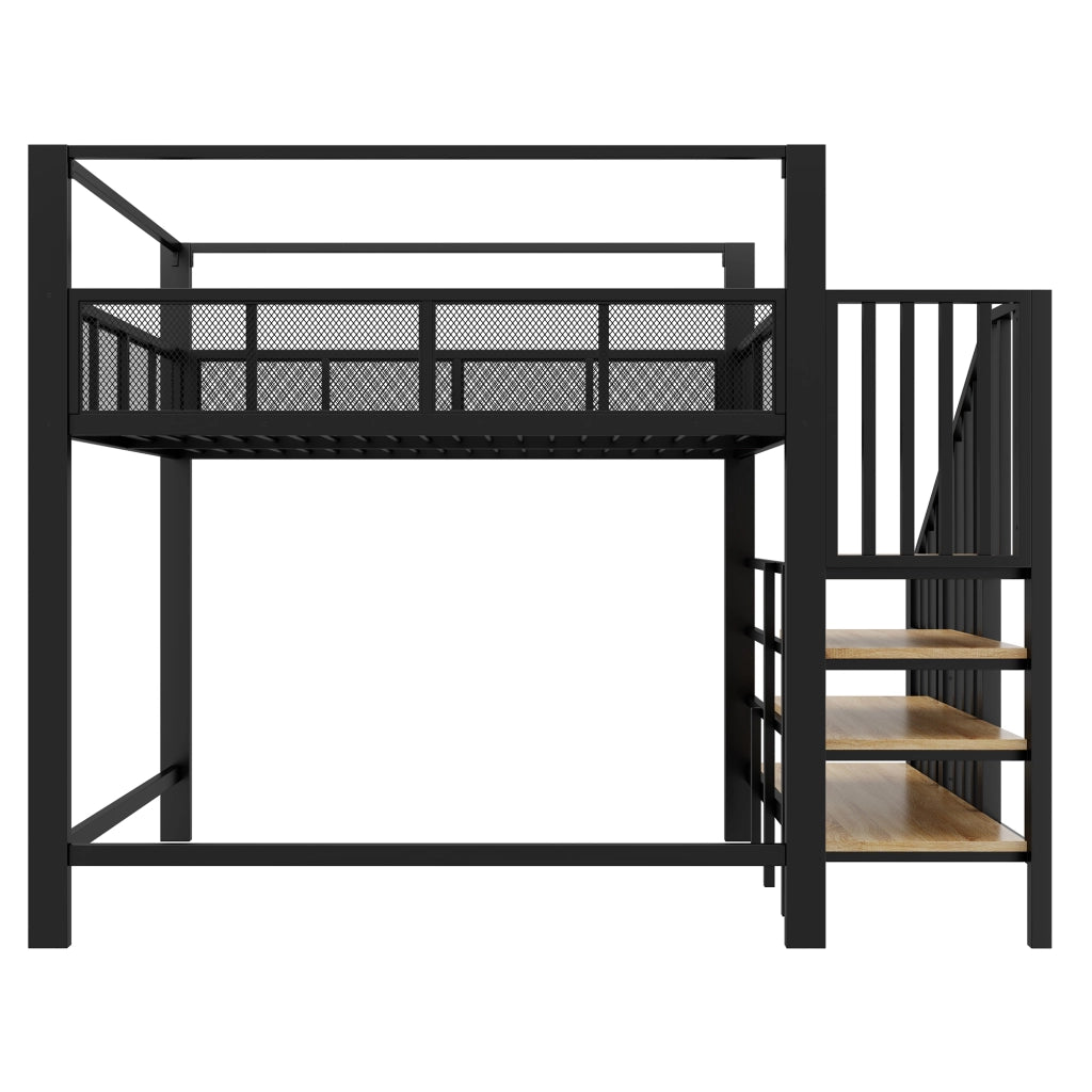 LETTO a soppalco 140x200 cm in metallo nero con scala e baldacchino