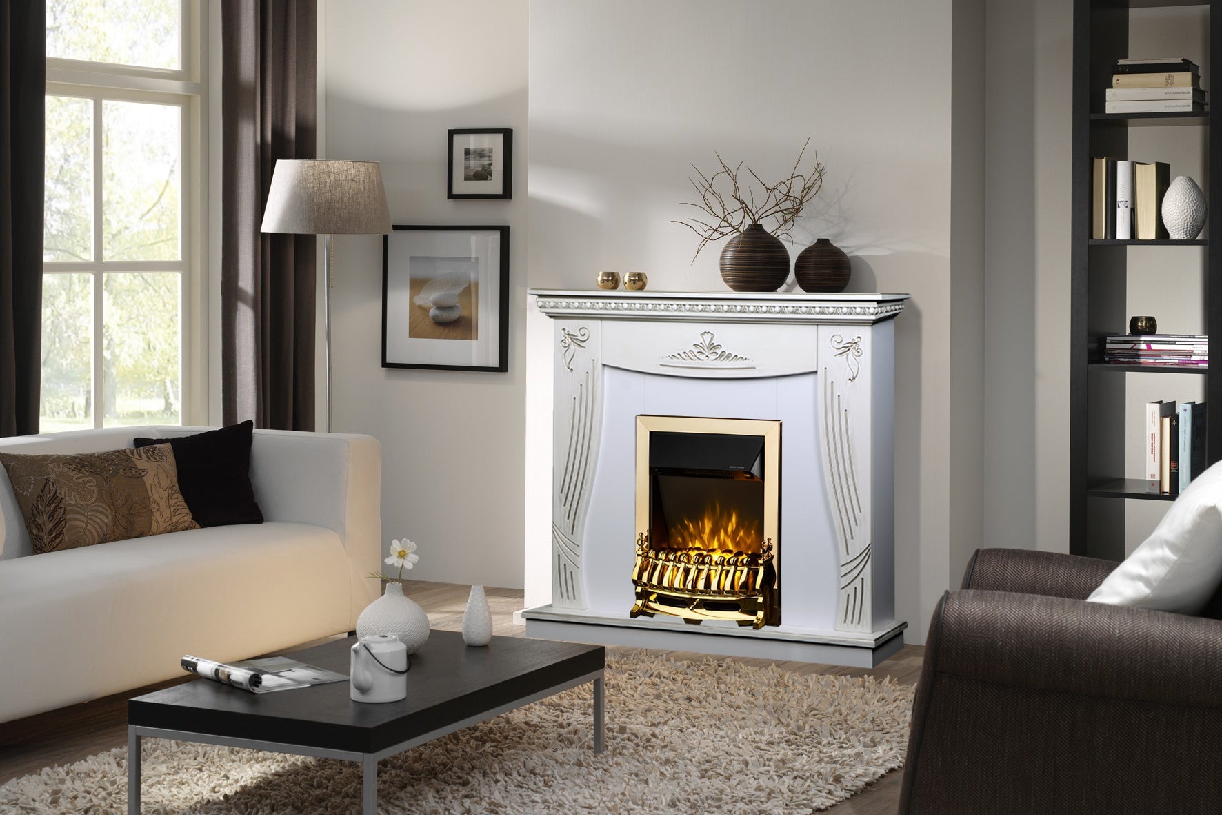 Camino Elettrico da Pavimento 103,5x110x30 cm Effetto Fiamma 2000W Napoli & Galileo Gold Bianco