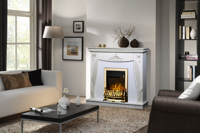 Camino Elettrico da Pavimento 103,5x110x30 cm Effetto Fiamma 2000W Napoli & Galileo Gold Bianco