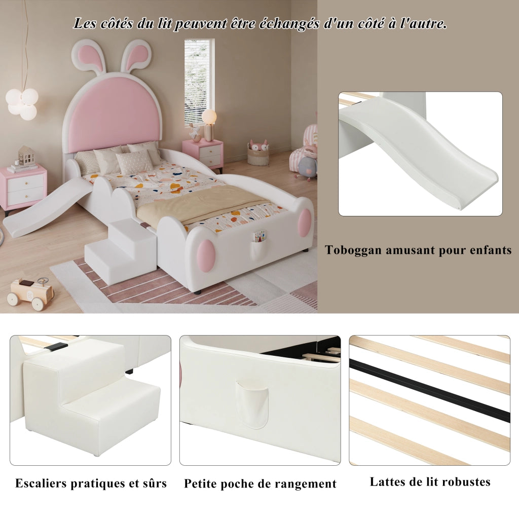 Letto singolo imbottito per bambini 90x200 cm rosa e bianco con testiera a orecchie di coniglio, scaletta e scivolo
