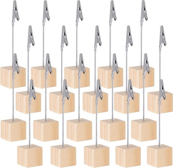 Houder di posizionamento per tavolo in legno da 20 pezzi | Design rustico | Supporto per numerazione tavolo con clip | Adatto per biglietti da visita e biglietti prezzi