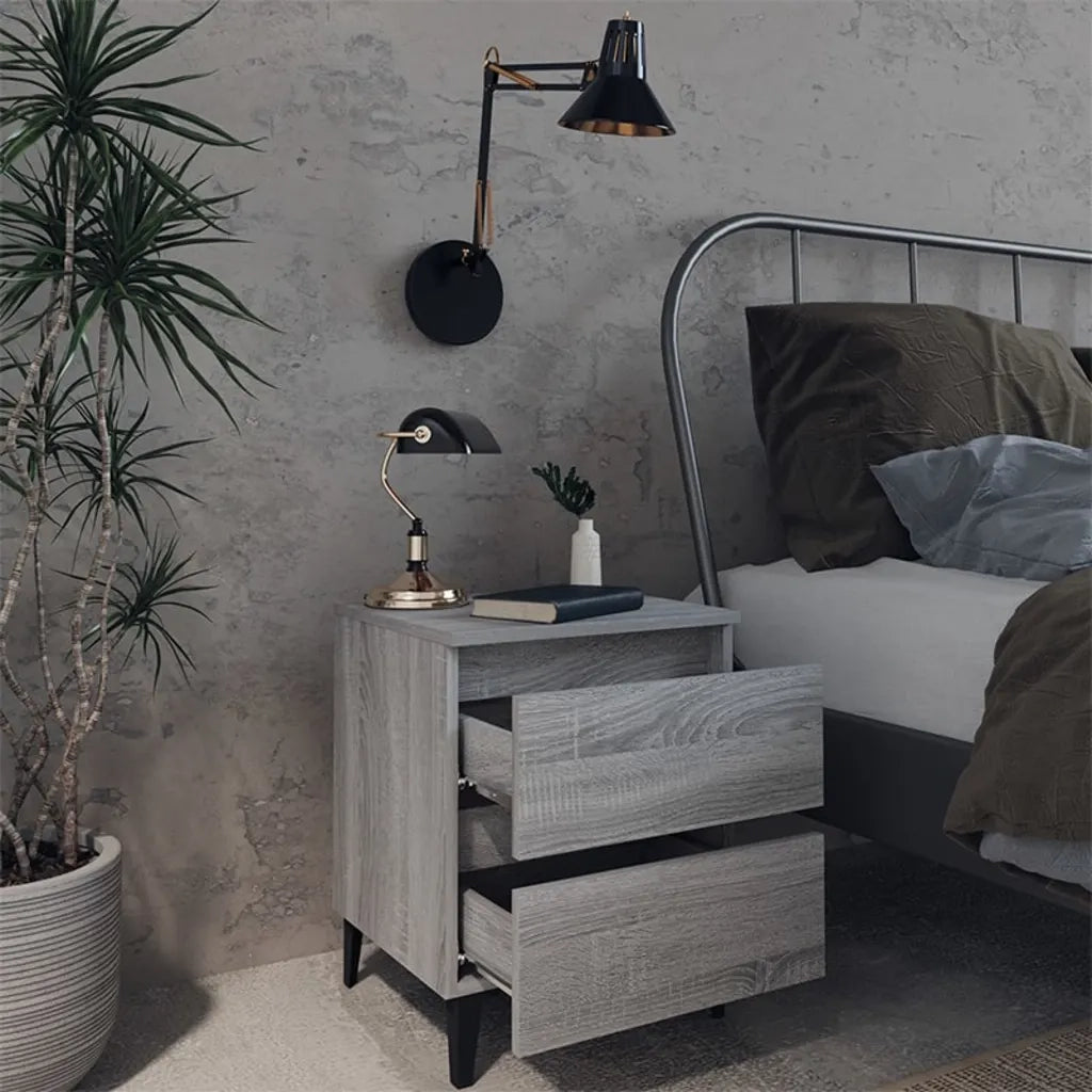 Comodino con Gambe in Metallo-Tavolino da notte Grigio Sonoma 40x35x50 cm