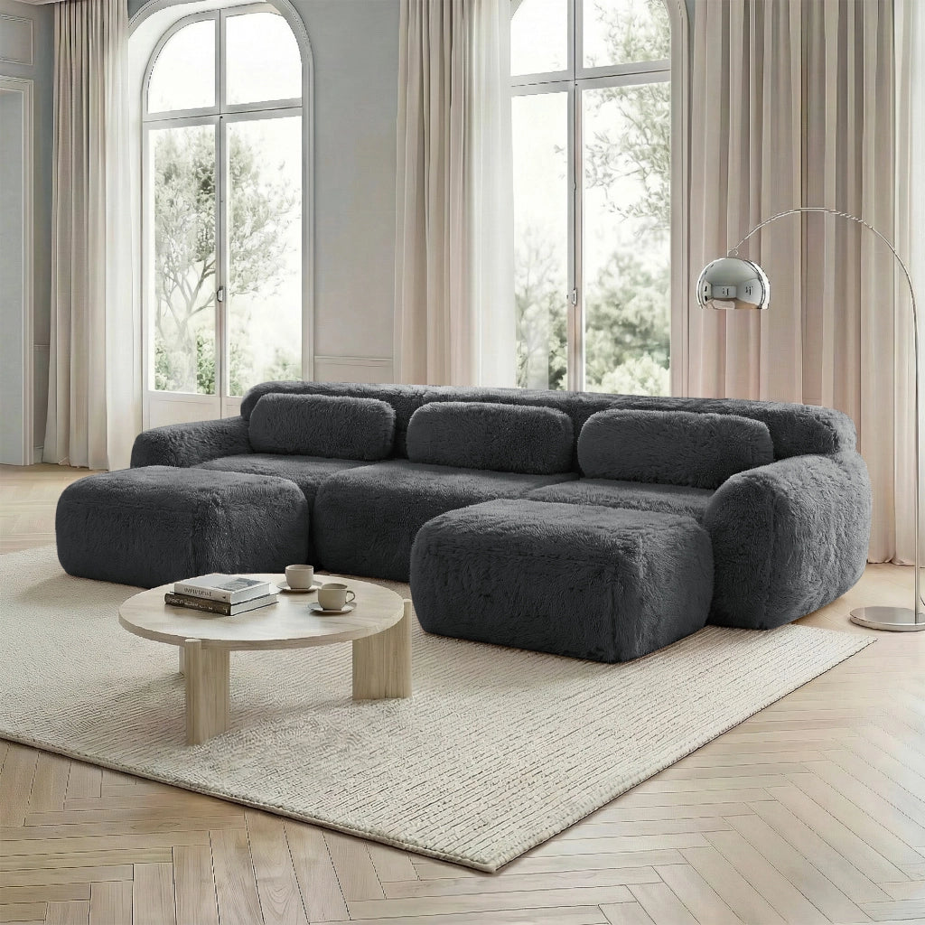 Divano Modulare a U con Pouf Collegabile, Design Ergonomico, Base Antiscivolo, in Peluche Grigio