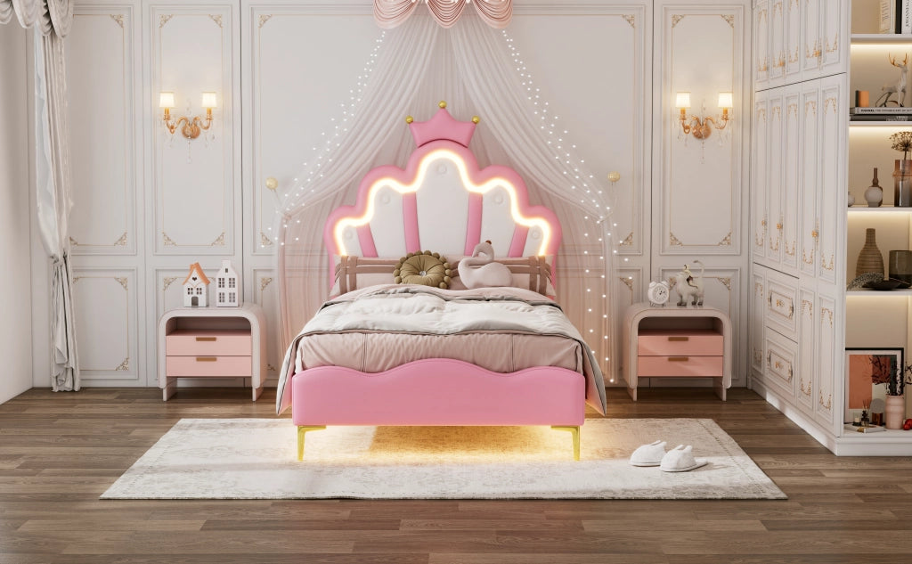 DESMIU Letto Singolo 1 Posto con LED Regolabile, Testiera a Corona, 90 × 200 cm, Senza Materasso, PU Rosa