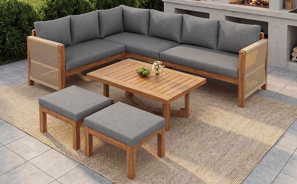 Set di mobili modulari da giardino in legno di acacia divano angolare 6 posti con cuscini 2 sgabelli e tavolo in legno di acacia traspirante e antischizzi per terrazza e giardino