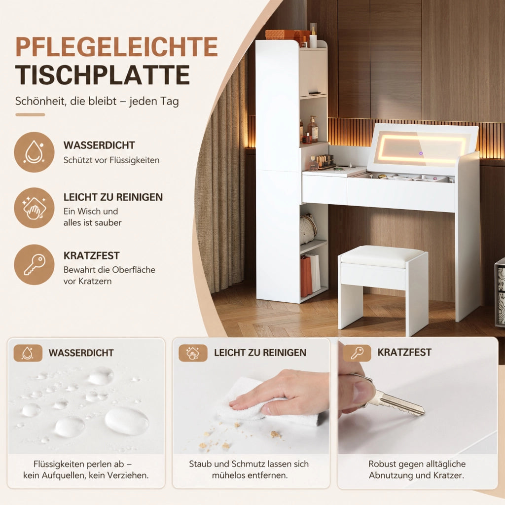Toeletta con specchio LED pieghevole tre luci USB armadio laterale e sgabello bianca 131 × 40 × 160 cm