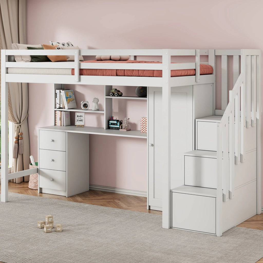 OKWISH Letto a Castello 90×200 cm, Letto Singolo con Scrivania, Armadio, Cassetti e Contenitori nella Scala, senza Materasso, Bianco