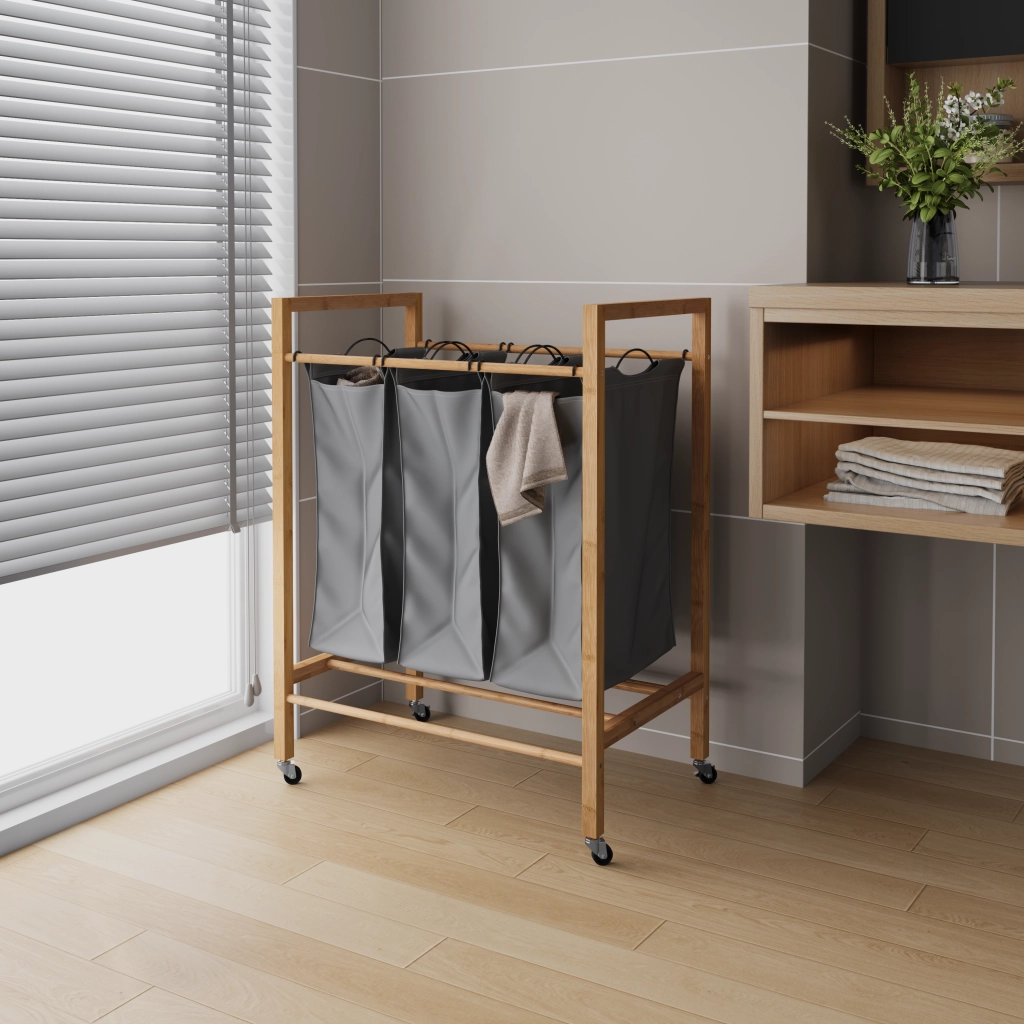 Cesto portabiancheria in bambù con 3 scomparti, 90 L, con ruote, sacco removibile, colore Carbone/Naturale