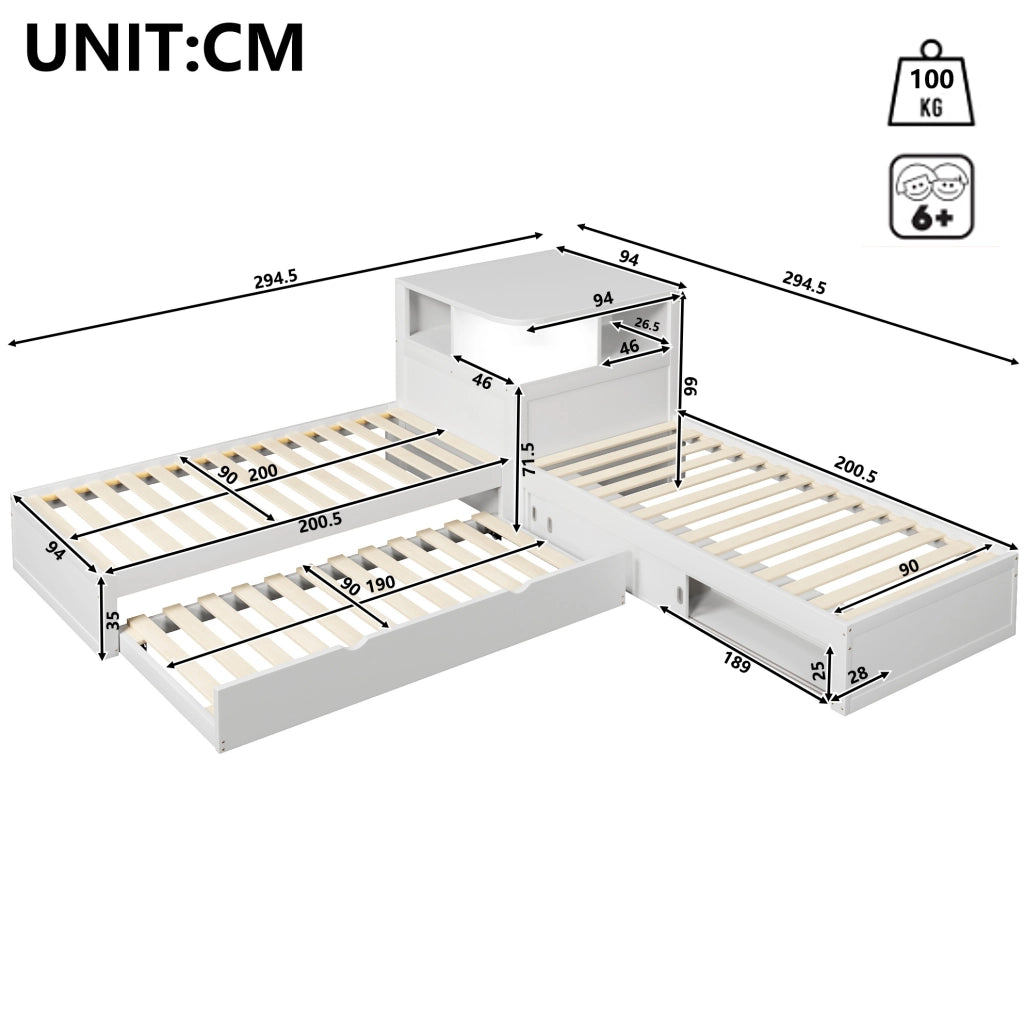Letto singolo a L 90x200 cm con letto estraibile e LED