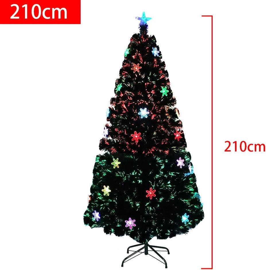 Albero di Natale artificiale 210 cm, albero di Natale artificiale con fiocco di neve e punta a stella, albero di Natale in fibra di vetro colorato, cambio colore automatico