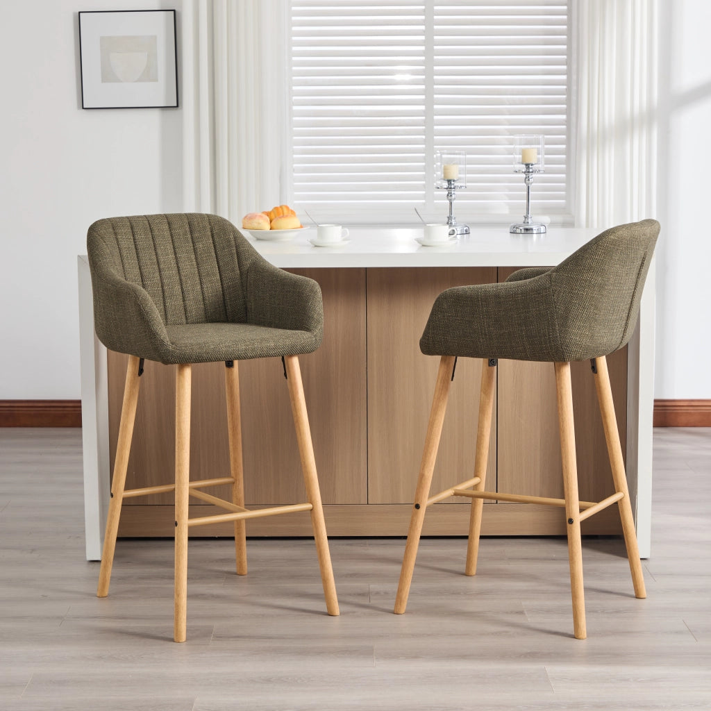 Sgabello da bar set da 2 con schienale alto e braccioli in lino verde e gambe in legno per cucina con poggiapiedi