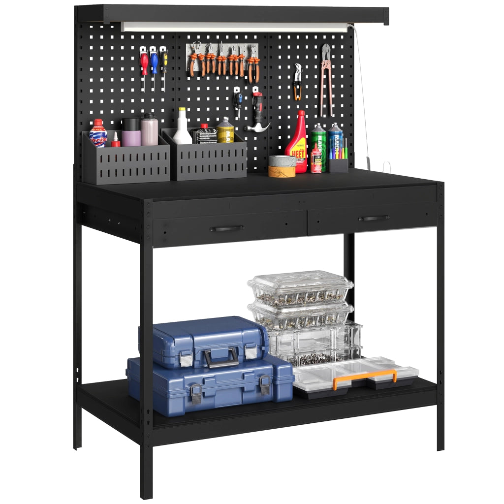 Banco da Lavoro con Cassetti, Luce LED e Presa Elettrica ¨C Zephmum ¨C Nero 110x60x150 cm