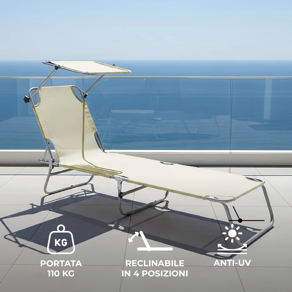 Coppia Lettini Prendisole Pieghevoli con Parasole Regolabile, Schienale Reclinabile in 4 Posizioni, Struttura in Acciaio Anti-Ruggine, Tessuto Impermeabile Anti-UV, Portata 110 kg Ecru