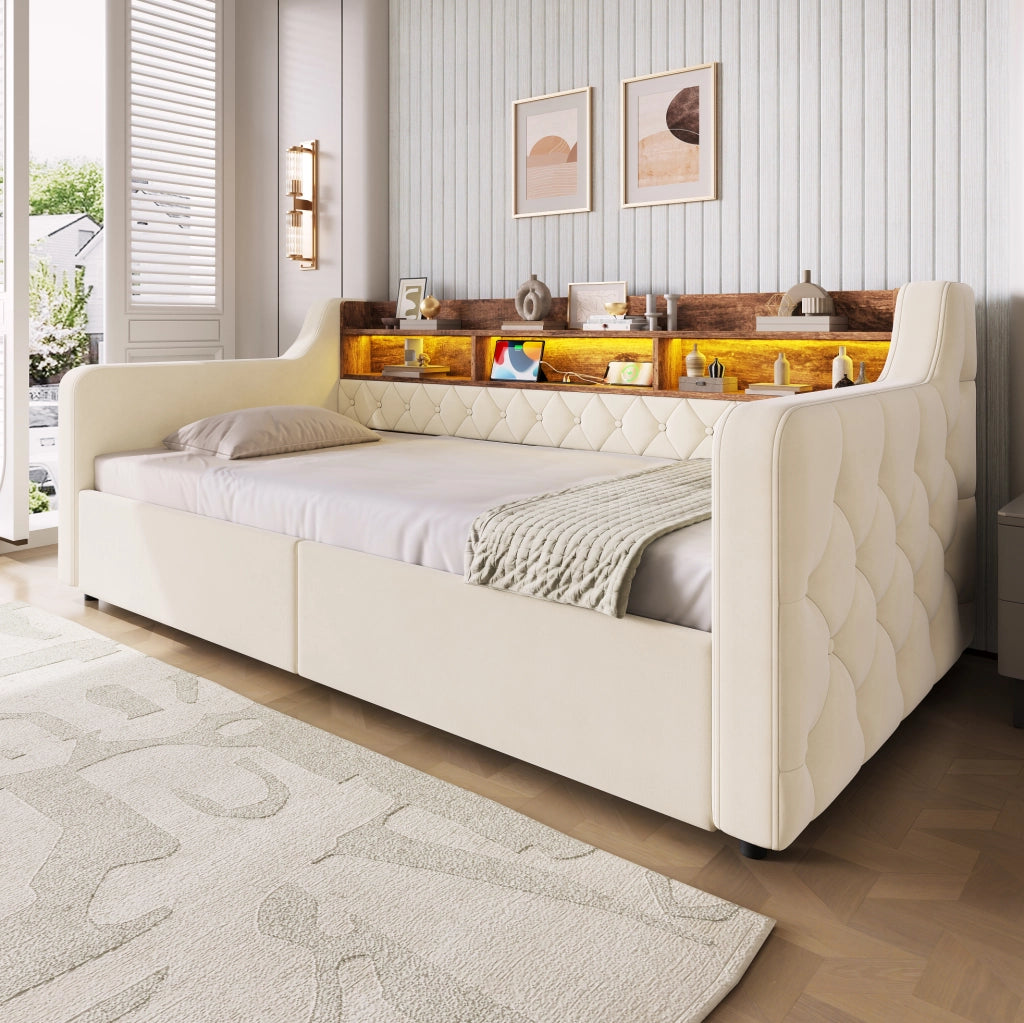 Letto imbottito beige 90x190 cm con LED, ricarica e cassetti