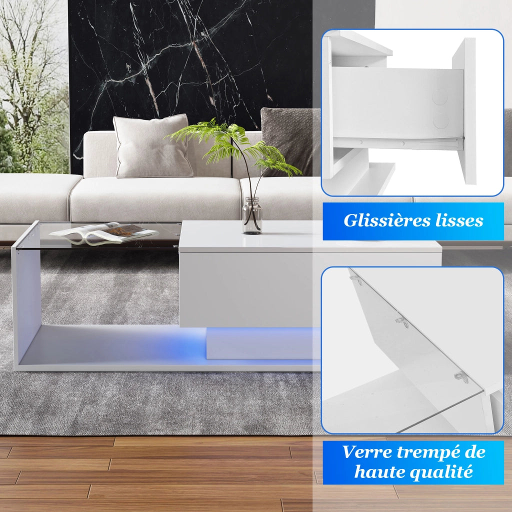 Tavolino da Salotto con 1 Cassetto e LED; Piano in Vetro; per Soggiorno; in Truciolare; 100 × 50 × 32 cm; Bianco