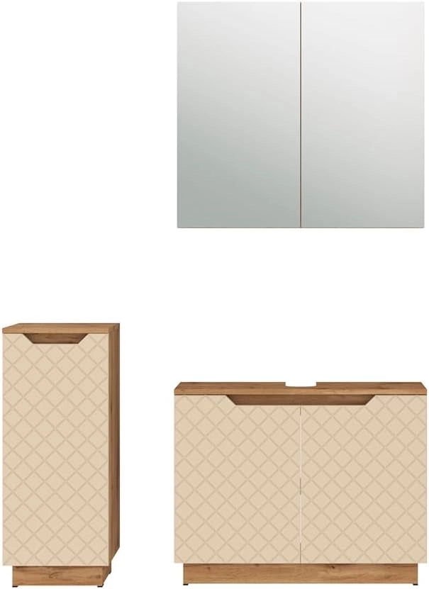 Set di mobili da bagno Lotta, Rovere/cashmere con struttura in piastrelle, 3 parti