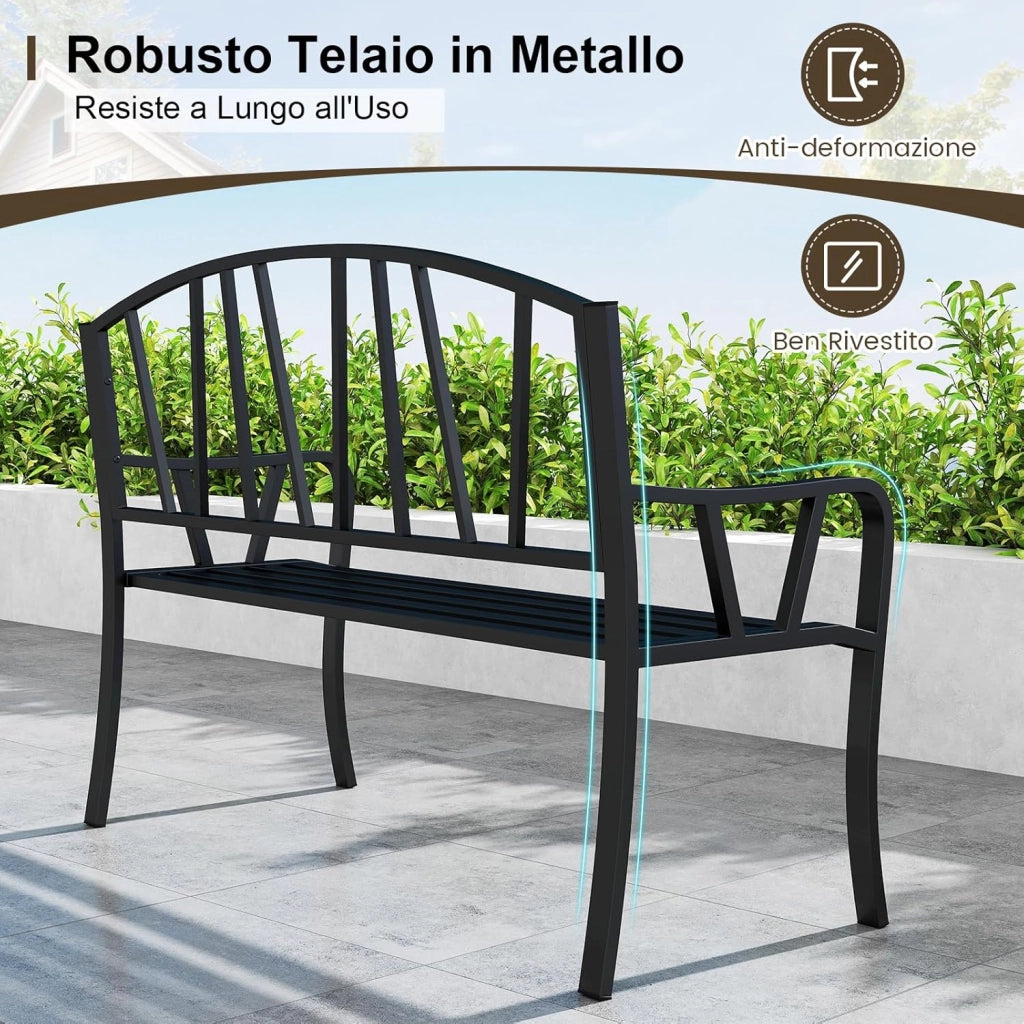 Panchina da Giardino in Metallo da 129 cm, Panchina con Doghe per 2-3 Persone, Loveseat in Stile Parco con Braccioli Curvati, Seduta Resistente per Esterno per Giardino, Piscina, Veranda