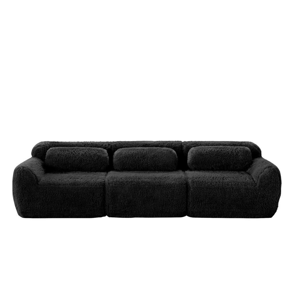 Divano Modulare 3 Posti Senza Montaggio con Cuscini; Base Antiscivolo; Comfort Ergonomico in Peluche Nero