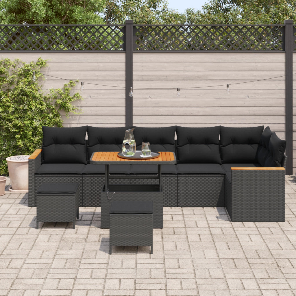 Set di SofÃ  da Giardino 9 Pezzi con Cuscini Nero Polyrattan Acacia
