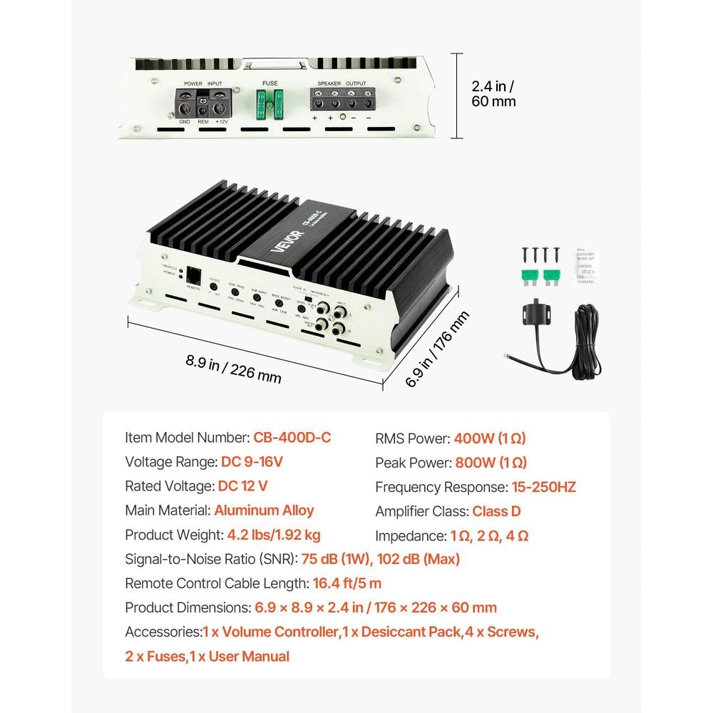 Monoblock Car Amplifier, 400W RMS MAX, 1/2/4 Ohm Stable, 1-Channel Class D Car Audio Amplifier With Remote Subwoofer Level Control, Low Pass Filter, Bass Boost & Phase Shift, Volume Controller