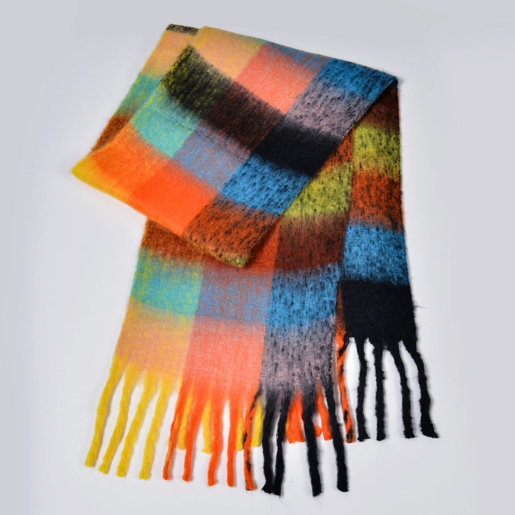 Nuova sciarpa a quadri arcobaleno, elegante, spessa, calda, lunga sciarpa a quadri con nappe