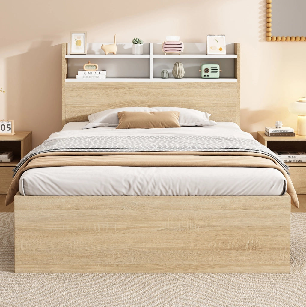 Letto singolo con contenitore 90x190 cm bianco e rovere; testiera con ripiani e 2 cassetti